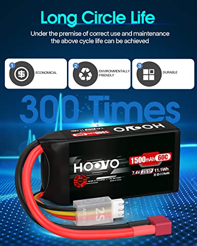 HOOVO 2S 7.4V 1500mAh 60C RC Lipo Battery Pack with T Connector 2 Packs
