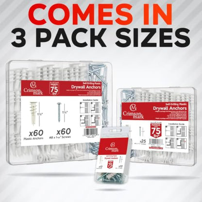 CrimsonMark #8 Self Drilling Drywall Anchors and Screws Assortment Kit(120)