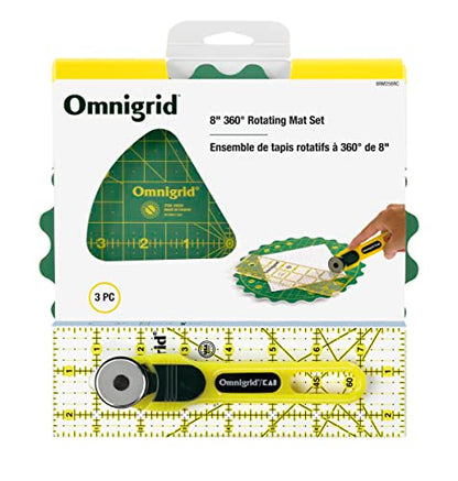 Omnigrid 8" 360° Rotating Mat Set with Self-Healing Cutting Mat, Ruler, and Rotary Cutter