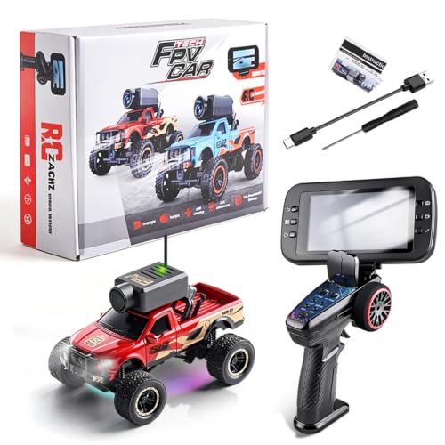 Wltoys Mini RC Crawler, 1:64 Scale FPV Remote Control Off Road Crawler with 2.4Ghz Transmitter, Display Screen, HD Camera, Gyro, LED Lights, APP Controlled Model Vehicle (Red) - color: Red