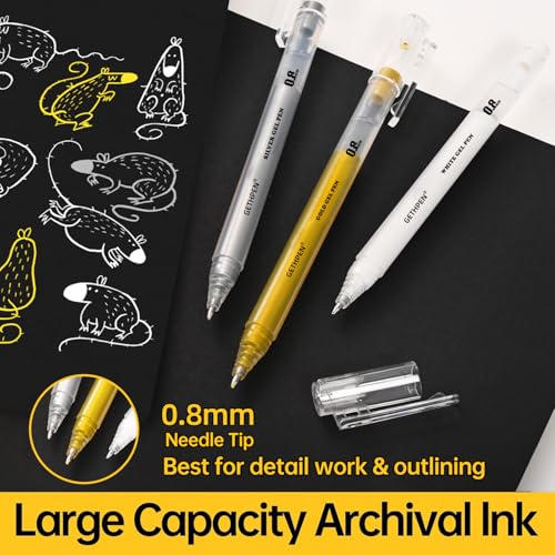 GETHPEN White Gel Pens, 0.8mm Fine Point Opaque White Ink Pens, 3 Pack - size: 3 Count (Pack of 1), style: 3 Pack White