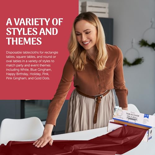 Grandipity Plastic Rectangular Tablecloth Roll, 54x100' Burgundy, Disposable with Cutter Box, Wrinkle-Resistant, Waterproof, for Parties & Events - color: Burgundy, size: 1200" x 54" (Rectangular)
