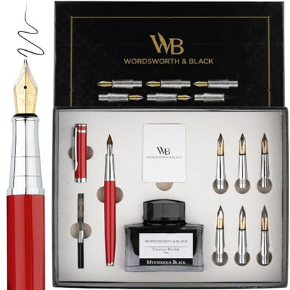 Wordsworth & Black Luxury Calligraphy Pen Set for Writing, 6 Nibs, Red - color: Red Chrome
