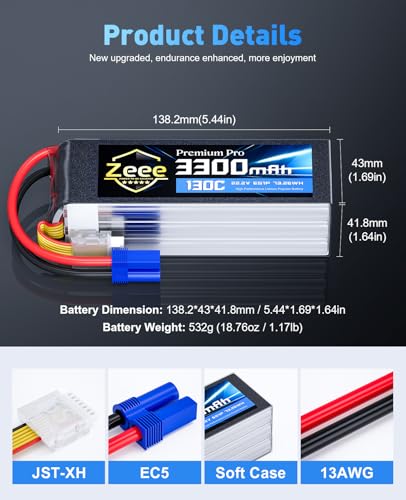 Zeee Premium Pro 6S Lipo Battery 3300mAh 22.2V 130C with EC5 Plug (2 Packs)