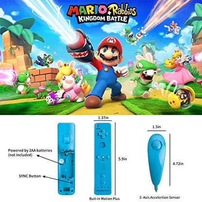 Motion Plus Wii Controllers 2Packs with Nunchucks, Wii Remote Controllers Compatible for wii and Wii U with Built in Motion Plus - color: wblue+wblue