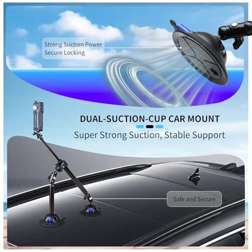 Suction Car Mount for Insta360 x5,x4, x3, x2, x,One RS,R Compatible with GoPro Max DJI OSMO Action 6 5 4 3 Camera 5 in 1 Suction Mount Kit for Action Cameras (Includes 47.24-inch Selfie Stick)