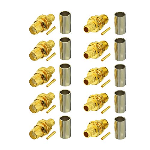 BINGFU SMA Female Bulkhead Mount Crimp Solder Attachment 50 Ohm Gold Plated Copper Connector (10-Pack) Compatible with RG58 RG303 RG141 RG142 RG400 Low Loss 195 Coaxial Coax Jumper Cable - color: SMA Female