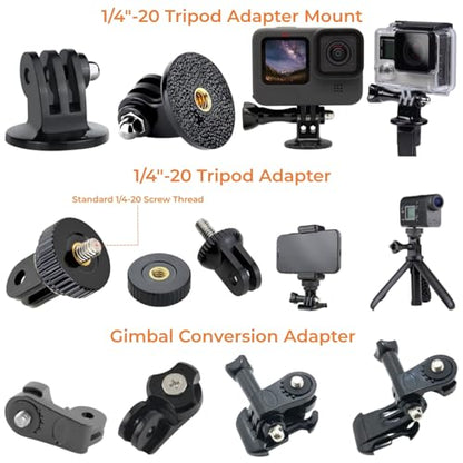 Universal Action Camera Accessories Kit: Curved/Flat Mount, Quick Release Buckle, J-Hook Buckle, 3-Way Pivot Arms, Tripod Adapter, Curved Extension Arm and etc, Action Camera Basic Adapter Kit