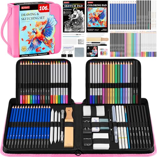 106 Pack Drawing Set Sketching Kit, Pro Art Supplies Sketch Pencils Set - color: Pink, size: 106 Pack