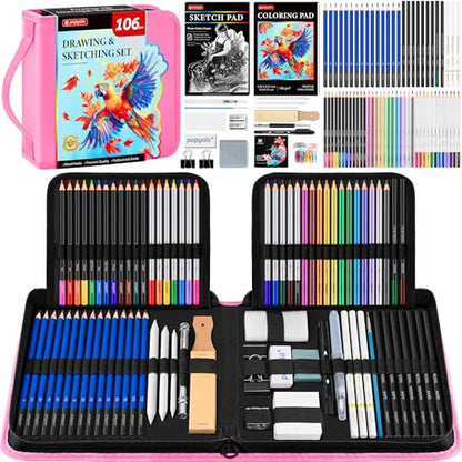 106 Pack Drawing Set Sketching Kit, Pro Art Supplies Sketch Pencils Set - color: Pink, size: 106 Pack