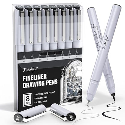 JusArt Fineliner Pens, 8 Sizes, Ultra Fine Point & Brush Waterproof - color: 8-Black