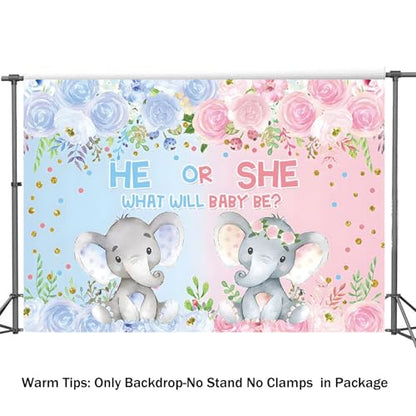 Yeele 8x6ft Elephant Gender Reveal Party Backdrop Pink or Blue Flowers He Or She What Will Baby Be Photography Background Newborn Baby Shower Banner Photo Studio Props - size: 8x6ft