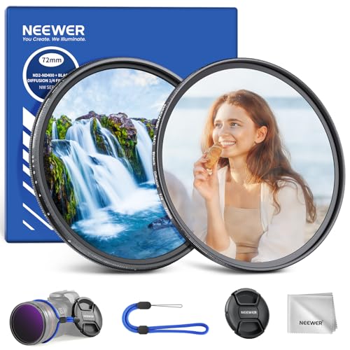 NEEWER 72mm Variable ND 2-400 & Black Diffusion 1/4 Filter for Mist Cinematic Effect, 2 Pack Multicoated Neutral Density & Soft Dreamy Camera Lens Effect Filter Set - size: 72mm