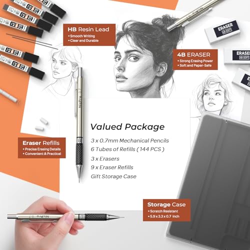 Nicpro 0.7 mm Art Mechanical Pencil Set in Storage Case, 3 PCS - style: 3 Pack (0.7mm)