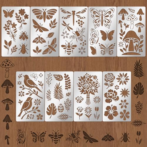 9PCS Metal Stencils Wood Burning Stencil Plant and Insect Mixed Metal Stencil Butterfly Flower Stencils for Journaling Engraving Templates for Wood Carving Drawing Scrapbooking Craft DIY - style: Plant Insect Metal Stencils