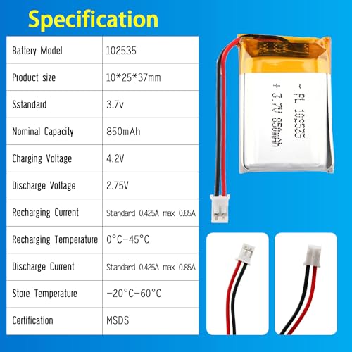 102535 3.7V Lipo Battery 850mAh 102535 Rechargeable Lithium - size: 102535 850mAh