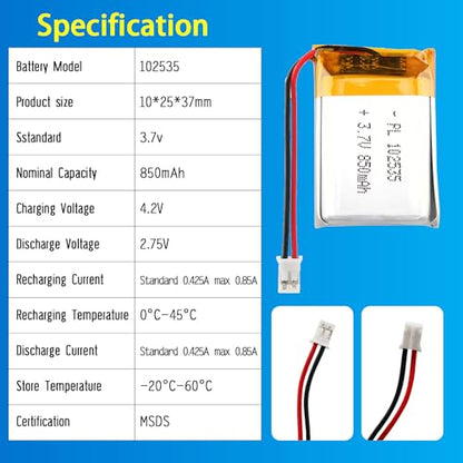 102535 3.7V Lipo Battery 850mAh 102535 Rechargeable Lithium - size: 102535 850mAh