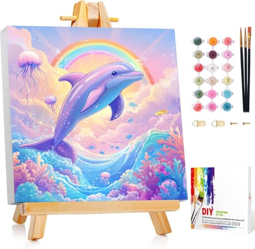 HITO Dolphin Paint by Numbers Kit for Kids with Frame Easel 8x8 inch - color: Dolphin