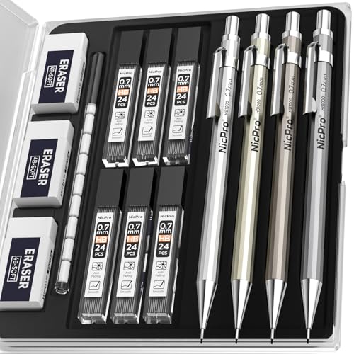 Nicpro 4 Pack Mechanical Pencil 0.7mm, MB1000 Metal Mechanical Pencil Set - style: 4 Pack （0.7mm）