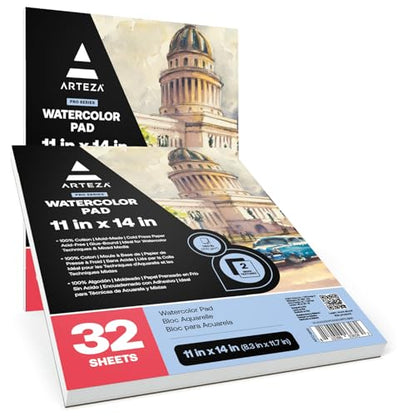 ARTEZA Watercolor Paper Pads, 11 x 14 in, Cold Press, 2 Pack, 64 Sheets