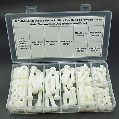Metric M8 Phillips Pan Head Nylon Screws Nuts Flat Washers Assortment Kit, Screws Length:10mm to 40mm(White) - size: M8