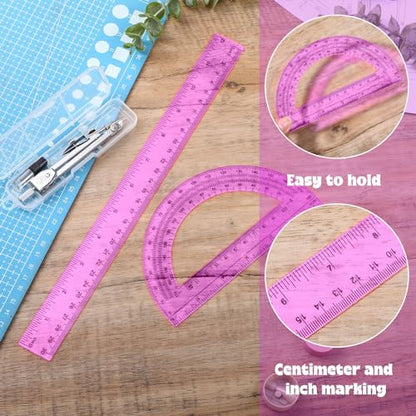 Zonon 3 Pcs 12" Clear Plastic Ruler 6 Inch Protractor Compass Set, Pink - color: Pink, size: 12 Inch