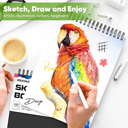 Soucolor Artist 9x12 Sketch Book Set, 4 Pack 400-Sheet Spiral Drawing Pads - color: Black, size: 9" x 12" (Pack of 4)