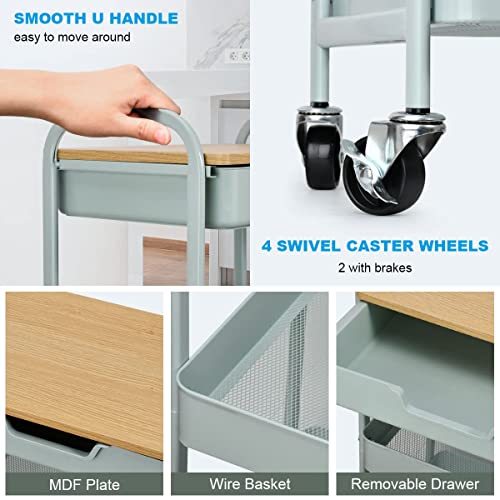 3 Tier Rolling Cart, Utility Cart with Drawer& Table Top, Mint Green - color: Mint Green