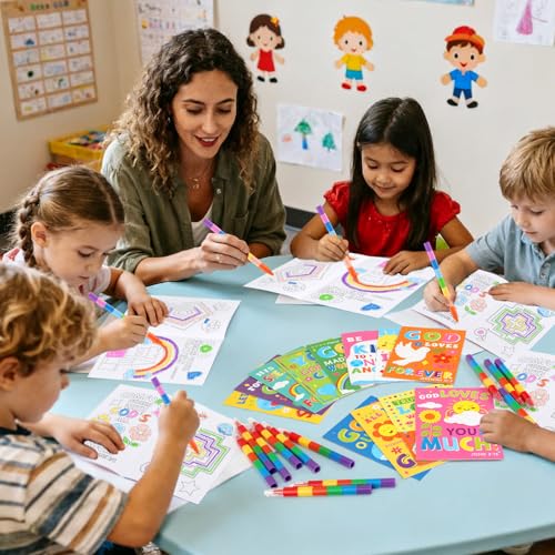 BenLouis 24 Bible Verse Mini Coloring Books with 24 Crayons for Kids Bulk - style: Bible
