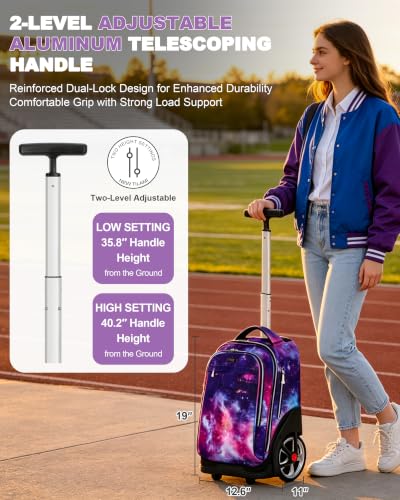 NEW TILAMI 19 Inch Rolling Backpack for School Stair-Climbing Big Wheel - color: Purple Starry