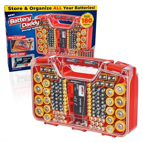Ontel Battery Daddy Storage & Organizer Case w/Tester, Stores & Protects Up to 180 Batteries, Double-Sided, Clear Locking Lid, Secure Latches & Portable Carrying Handle - Red (Batteries Not Included) - color: Red, size: Original - 180 Batteries