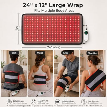 Red Light Therapy Pad for Body Pain, 24"x12" Large Infrared Wrap - size: 24"x12"