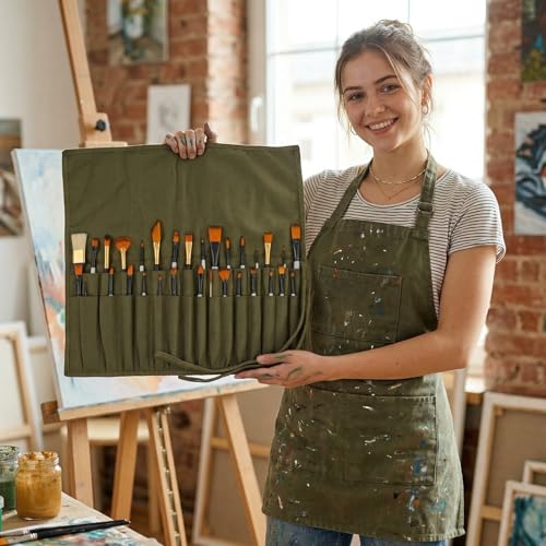 Liquidraw 30 Pocket Roll-Up Canvas Paint Brush Holder, 21 x 18in (Green) - color: Green