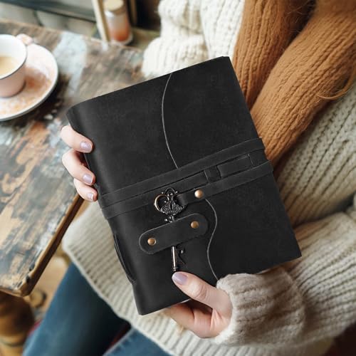 LEATHER VILLAGE Leatherbound Notebook Journal Key Lock, Black 8x6. - color: Starless Black, size: 8"X6"