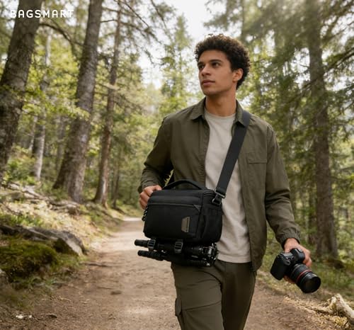 BAGSMART Camera Sling Bag with Tripod Holder & Rain Cover, Black - color: 01-Black