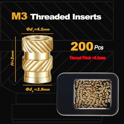 Kadrick 200Pcs M3 Threaded Inserts for 3D Printing Components,M3*3 Metric Brass Knurled Nuts, Insert by Heat into Plastic Parts - size: M3*H3*D4.5 200Pcs