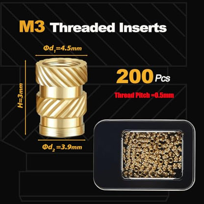 Kadrick 200Pcs M3 Threaded Inserts for 3D Printing Components,M3*3 Metric Brass Knurled Nuts, Insert by Heat into Plastic Parts - size: M3*H3*D4.5 200Pcs