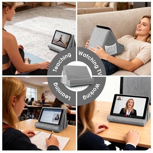 Multi-Angle Tablet Stand with Soft Pad and Net Pocket - Universal Lazy Holder for Lap, Knee, Sofa and Bed(Grey) - color: Grey