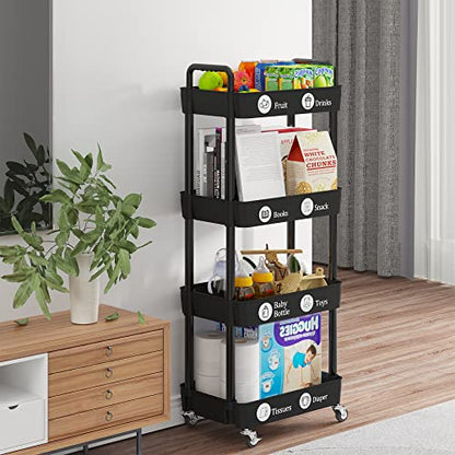 4 Tier Rolling Cart with Wheels, Utility Storage Carts,Black - color: Black, size: 4-Tier