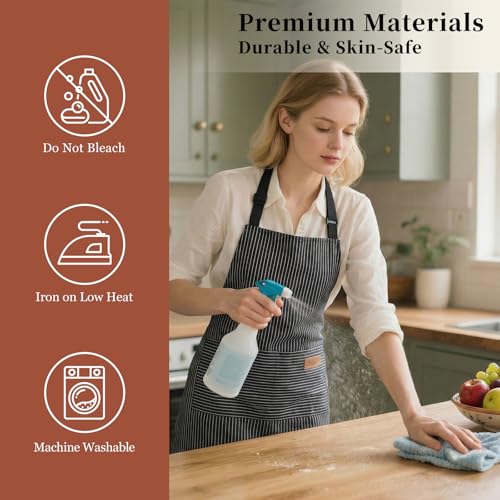2 Pack Cooking Aprons Adjustable Bib Apron for Women with 2 Pockets, Kitchen Restaurant Men Chefs Aprons - color: Beige/Black Stripes