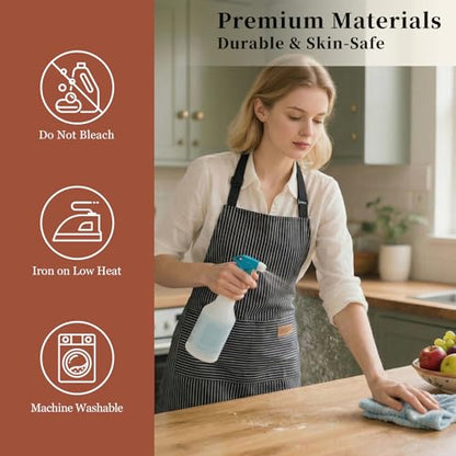 2 Pack Cooking Aprons Adjustable Bib Apron for Women with 2 Pockets, Kitchen Restaurant Men Chefs Aprons - color: Beige/Black Stripes