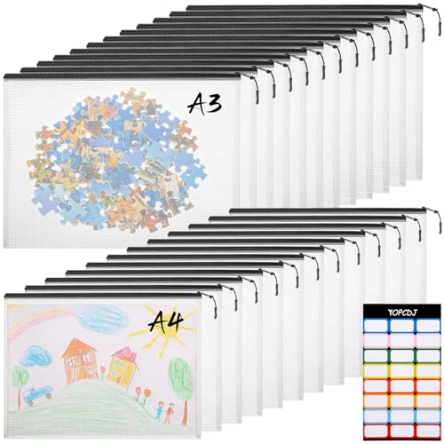 24pcs A4 Mesh Zipper Pouch File Bags, 12pcs Large A3 and 12pcs Letter A4,Black Reusable Zipper Bags for Organizing Storage, Waterproof Puzzle Bag, Board Game Storage and School Office Supplies - color: Black, size: A3+A4