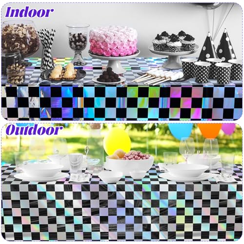 OQOQ Iridescent Checkered Tablecloth 2 Packs, Black & Sliver, 54x108 Inches - color: Black Silver Checkered
