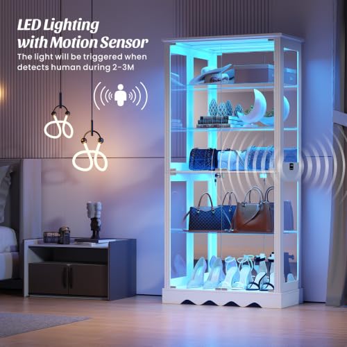 Dystler Display Cabinet with Glass Doors, RGB Lights for Collectibles - color: White