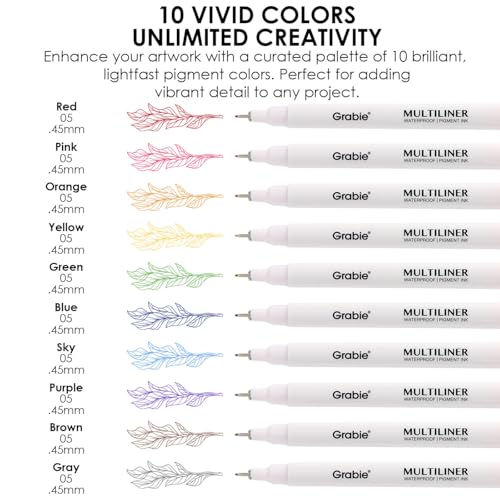Grabie Micro Fineliner Pens, 10 Multicolor Waterproof Drawing Pens - color: 10-Multicolor
