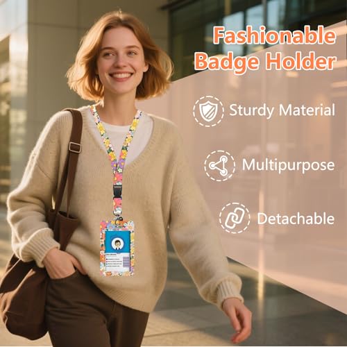 Black Cat Flower Lanyards for Badges, Cute ID Badge Holder - color: Cat Flower