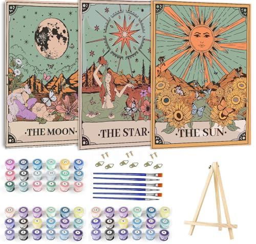 3 Pack Paint by Numbers Kit for Adults Framed Canvas, with Wooden Easel - color: YH-03