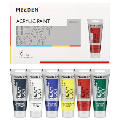 MEEDEN Heavy Body Acrylic Paint: Basic Satin Finish 6 x 60ml (2 oz) Tubes - color: 6 Colors, size: Set