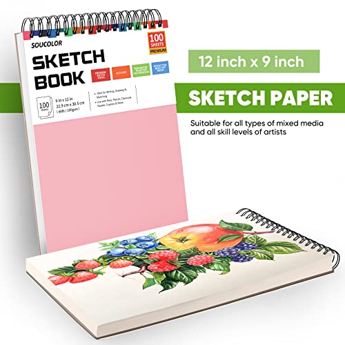 Soucolor 9x12 Sketch Book 2-Pack, 100 Sheets, Acid-Free, Spiral Bound - color: Pink&Purple, size: 9" x 12" (Pack of 2)