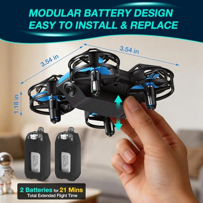 Blue Mini Drone for Kids, Indoor & Outdoor RC Quadcopter, Full Propeller Guards, LED Light, 3D Flips, One Key Start, Headless Mode, 2 Rechargeable Batteries, 21 Mins Total Flight Time, Toy Gift for Boys and Girls(2K-HD)